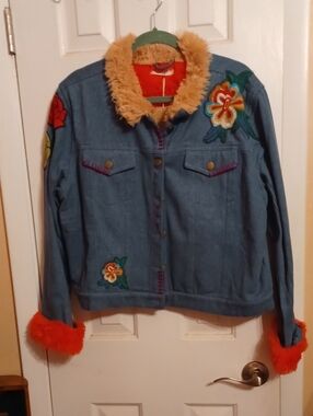 NATURAL LIFE Blue Denim Jacket with Orange Faux Fur Collar & Cuffs
